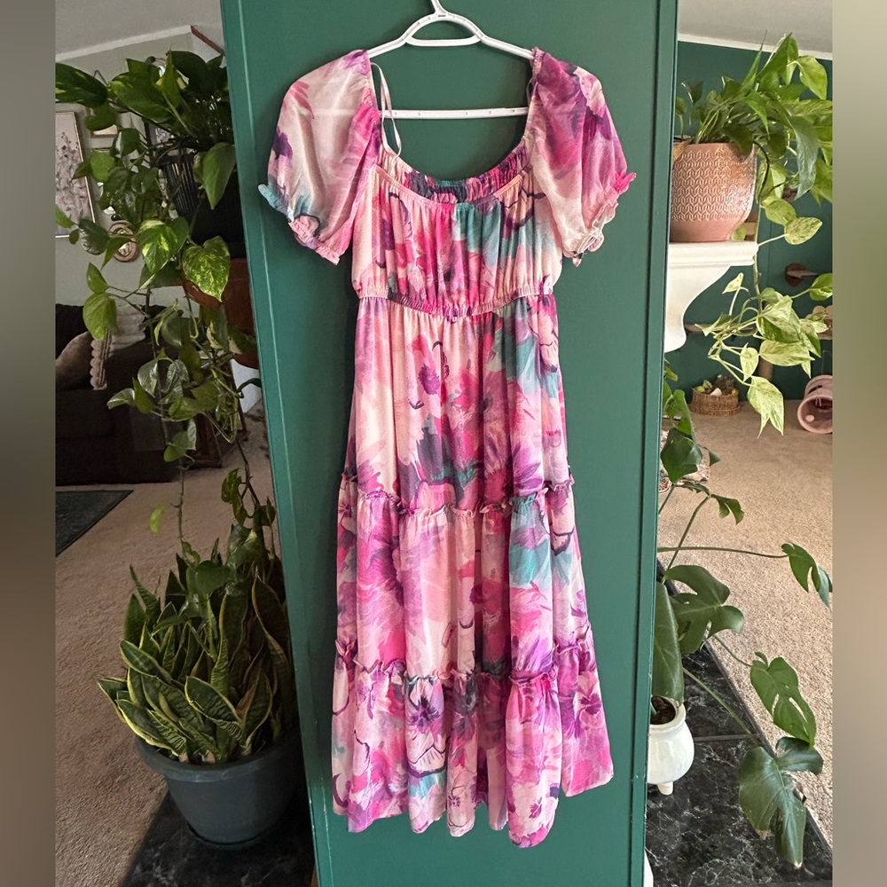 Onetheland Floral Midi Dress Spring Easter Vacation Puff Sleeve Square neck